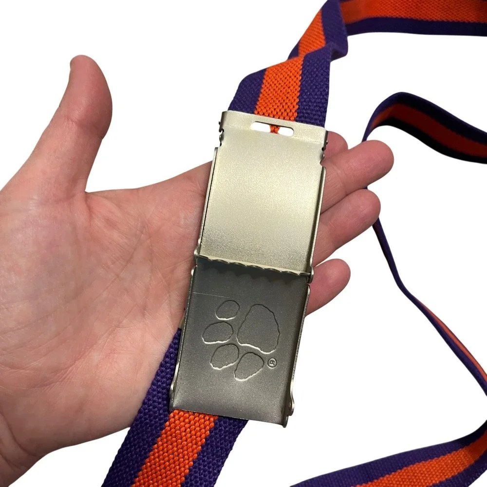Clemson Tigers NCAA Web Belt Purple Orange Paw Print Logo Silver Slider Buckle